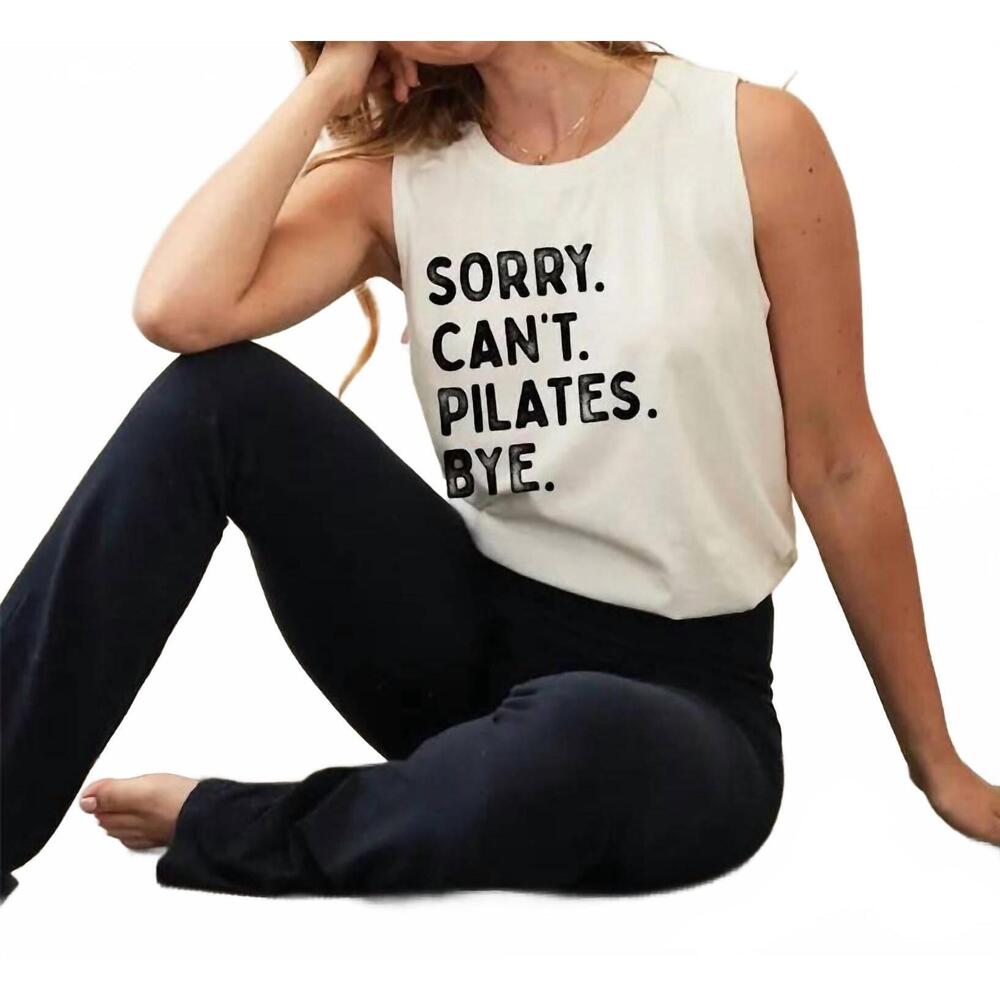 NEW OAT COLLECTIVE sorry can't pilates bye mineral graphic tank top in cream